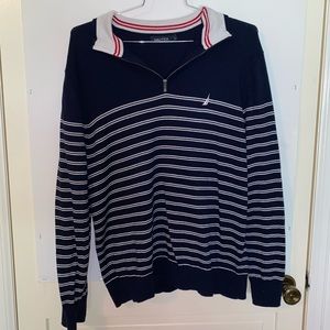 Striped navy blue and white zip up sweater